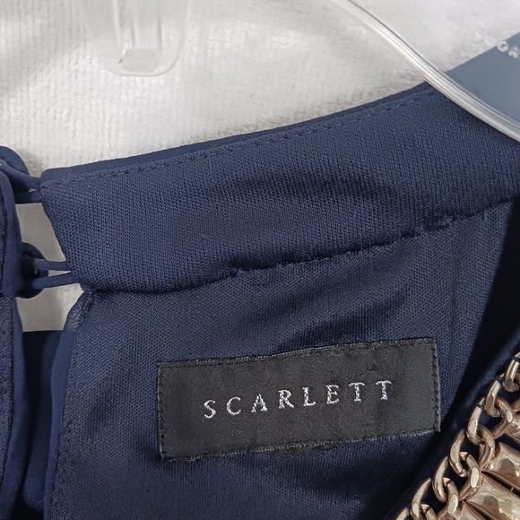 SCARLETT Cocktail Dress Sz 16 NAVY BLUE  GOLD CHAIN Neckline Sleeveless Keyhole - Picture 12 of 16